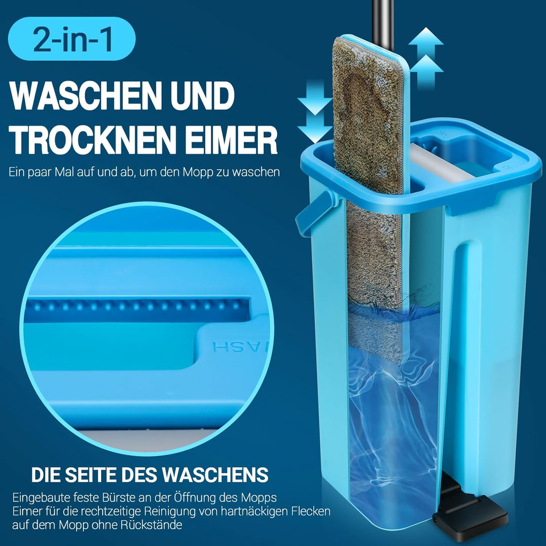 MASTERTOP Wischmopp Set mit Eimer, 2 in 1 Bodenwischer Flachmopp mit Edelstahlgriff und 6 Mikrofaser