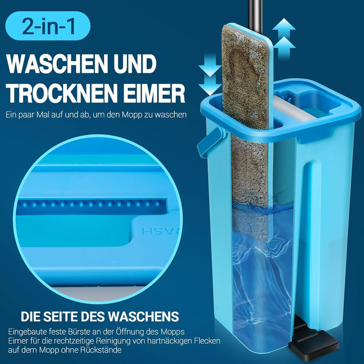 MASTERTOP Wischmopp Set mit Eimer, 2 in 1 Bodenwischer Flachmopp mit Edelstahlgriff und 6 Mikrofaser