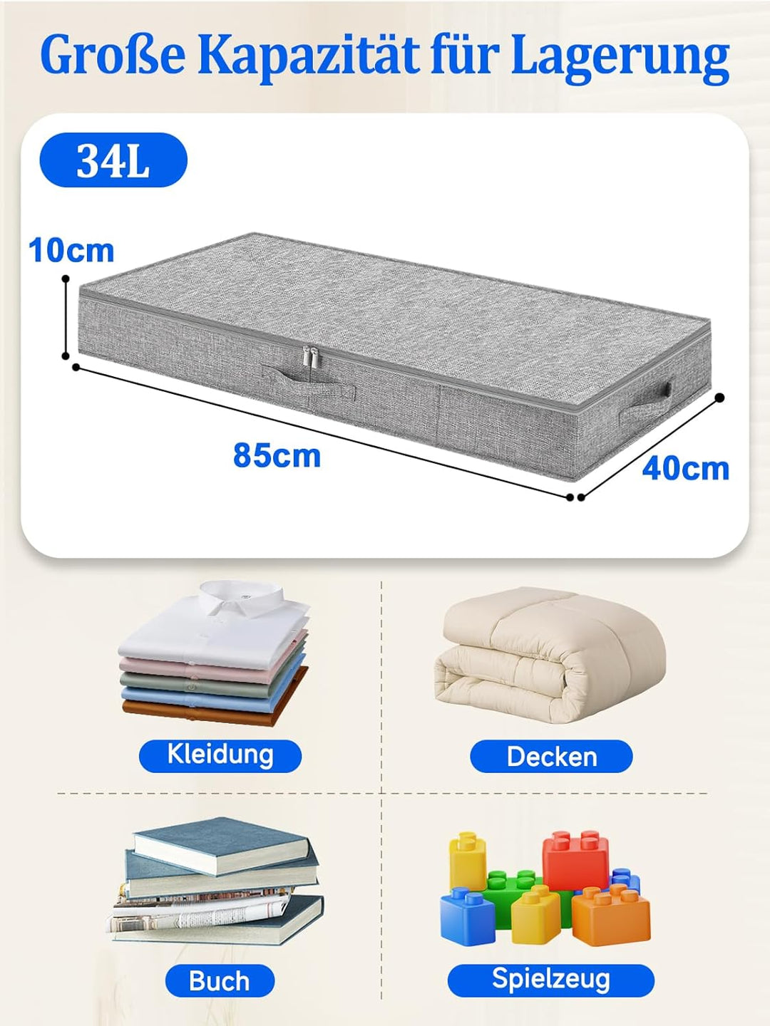 Unterbett-Aufbewahrungsbox flach 85 x 40 x 10 cm, Leinen mit PP-Innenverstärkung, 2-Wege-Reissversch