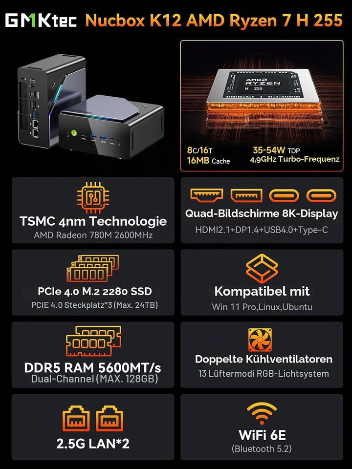 GMKtec Mini-PC 5825U, M5 Plus Dual LAN 2.5G Desktop-Computer Windows 11 Pro, AMD Ryzen 7 5825U (8 C/