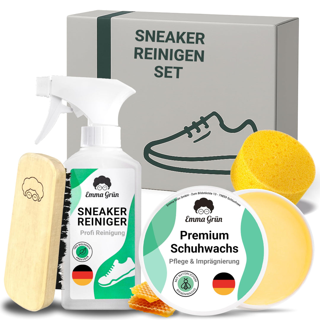 Emma Grün® Sneaker Cleaner Reinigungsset 250ml [Bürste + Schwamm + Pflegewachs] - Nachhaltiges Kompl