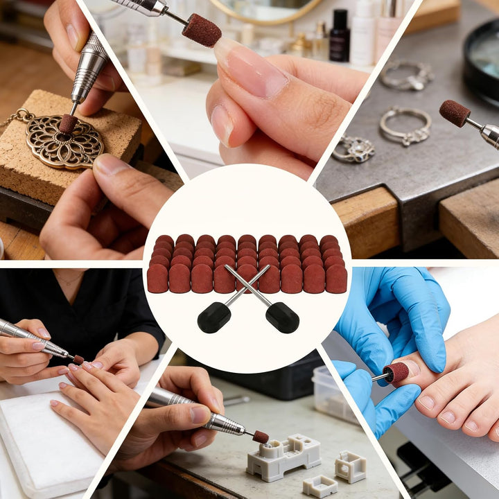 120# Körnung Schleifkappen Set für Nagelbohrer, 50 Stück Maniküre Schleifbänder mit Schaft, Langlebi
