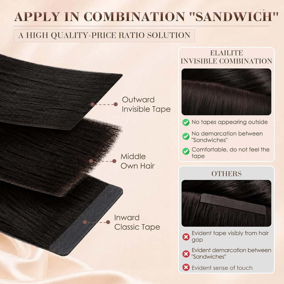 Elailite Tape Extensions Echthaar Naturschwarz, 10 Stück 20g Kleber Haarverlängerungen Invisible Gla
