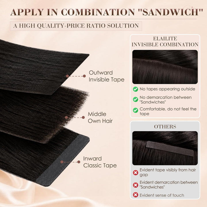 Elailite Tape Extensions Echthaar Naturschwarz, 10 Stück 20g Kleber Haarverlängerungen Invisible Gla