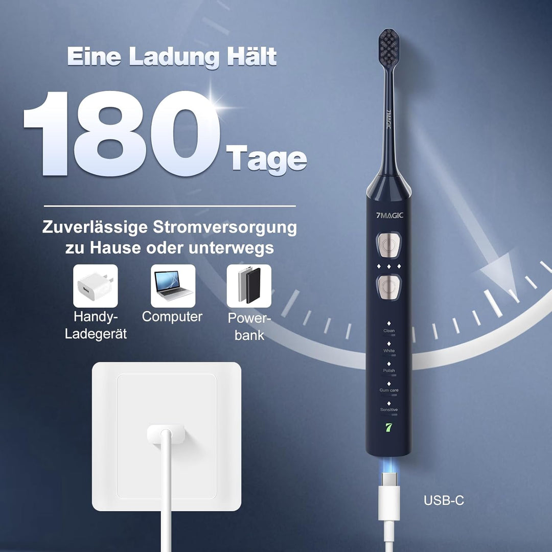 Elektrische Zahnbürste, Schallzahnbürste, Leise Zahnbürste Elektrisch mit 3 Intensitäten Und 5 Modi,
