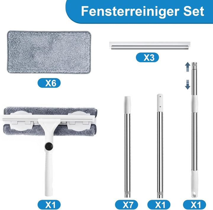 3,85m Teleskop Fensterwischer Set, 2 in 1 Profi Fensterputzer Set, Teleskopstange Fensterreinigung m