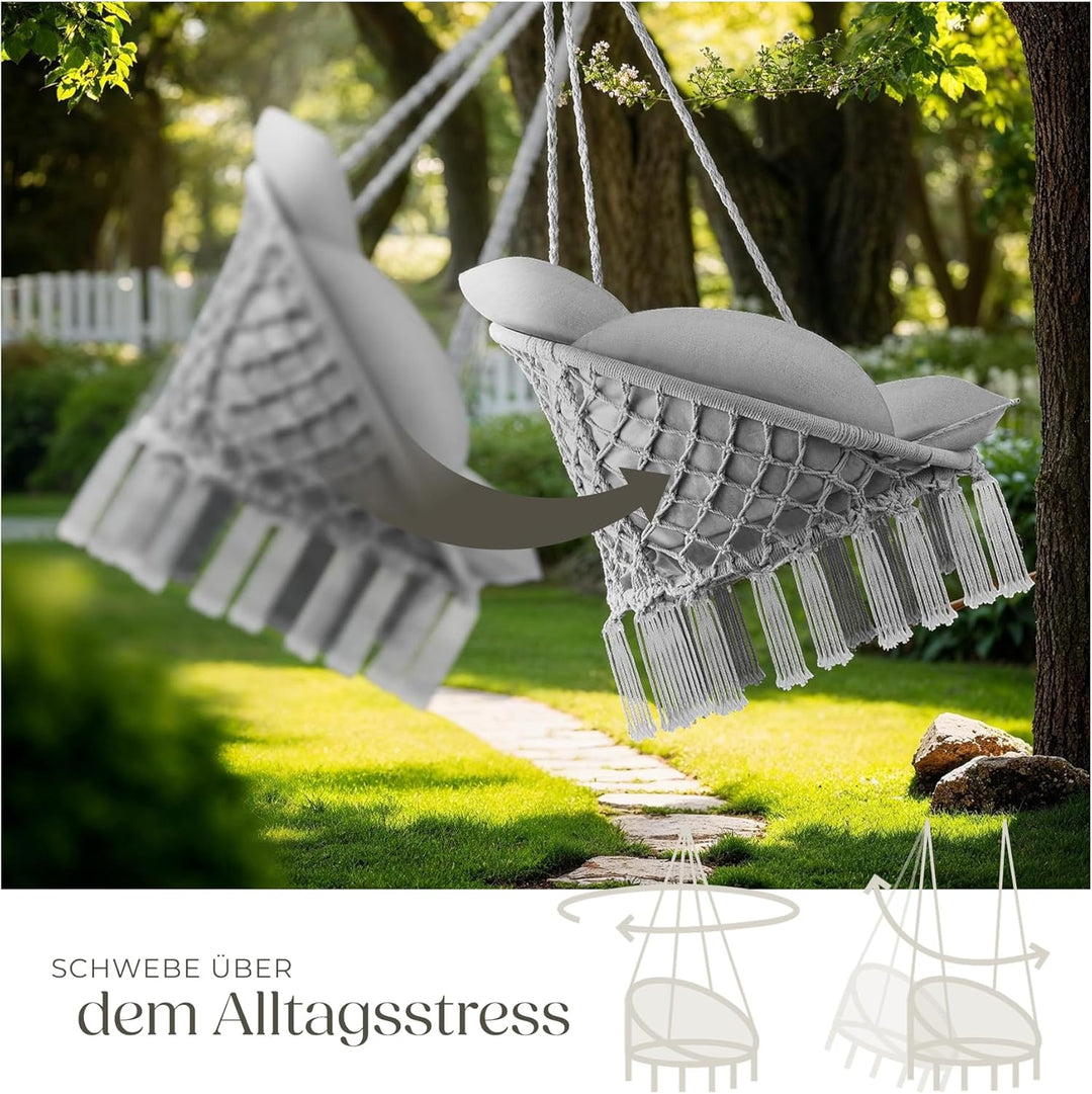 tectake® Hängesessel, Hängeschaukel mit dicken Kissen & Quasten, Boho Hängekorb Ø 80 cm, Hängesessel