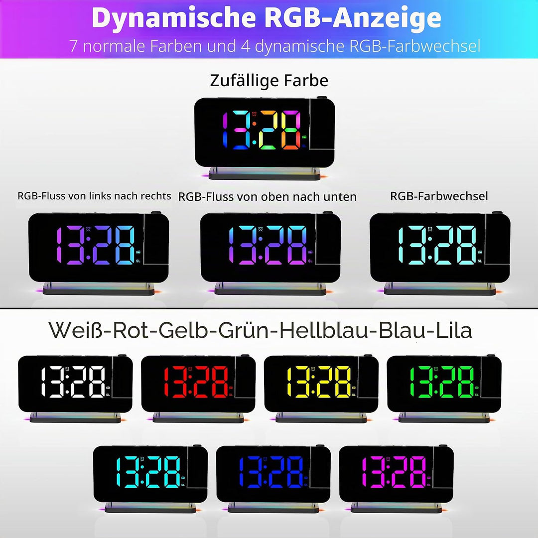 Lancoon Projektionswecker Bunter Wecker mit Radio Spiegelfläche mit 11 RGB Farbdisplay 10 Farben Nac