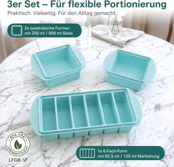 Silikon Gefrierform 3er Set mit Deckel – für Meal Prep, Suppe &amp; Sosse | 6 × 125 ml + 2 × 500 ml für