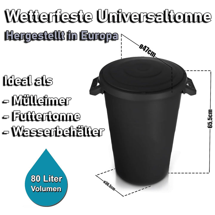 BigDean 2X wetterfeste Universaltonne mit Deckel und 2 stabilen Tragegriffen 80 Liter SCHWARZ - Rege