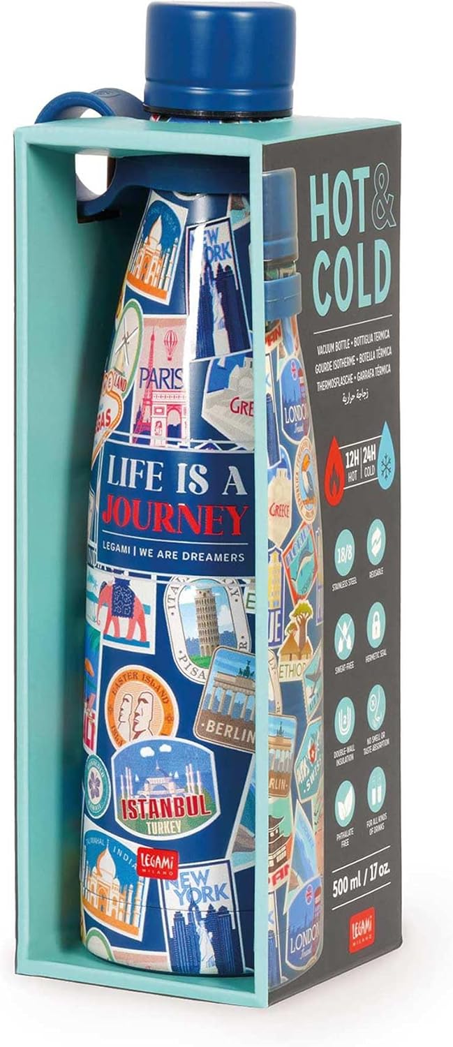 Legami - Thermosflasche Hot&Cold, Travel Stickers, 500 ml, luftdichter Verschluss, 12 Stunden heisse