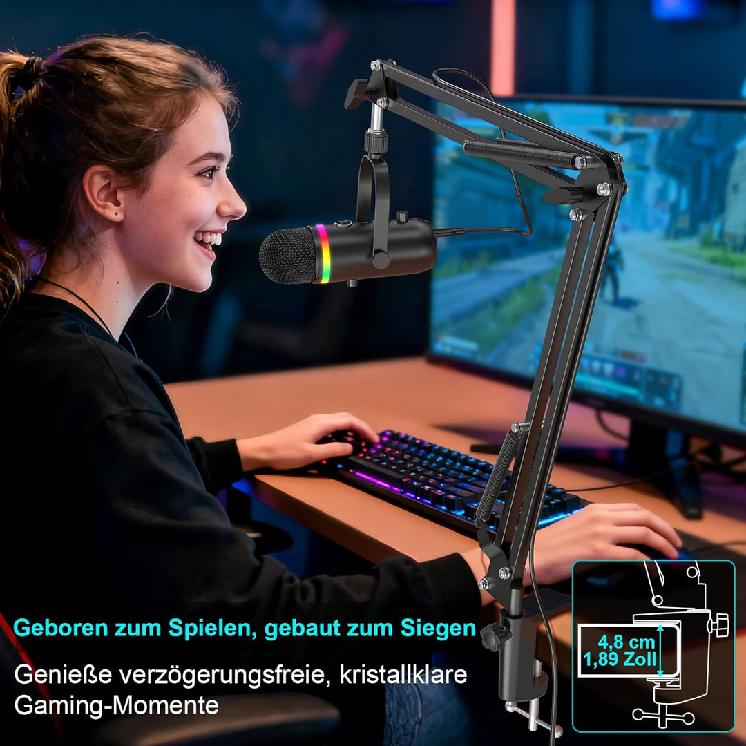 zealsound Podcast Mikrofon mit Arm -RGB Rauschunterdrückung Gaming Kondensatormikrofon für PC & Hand