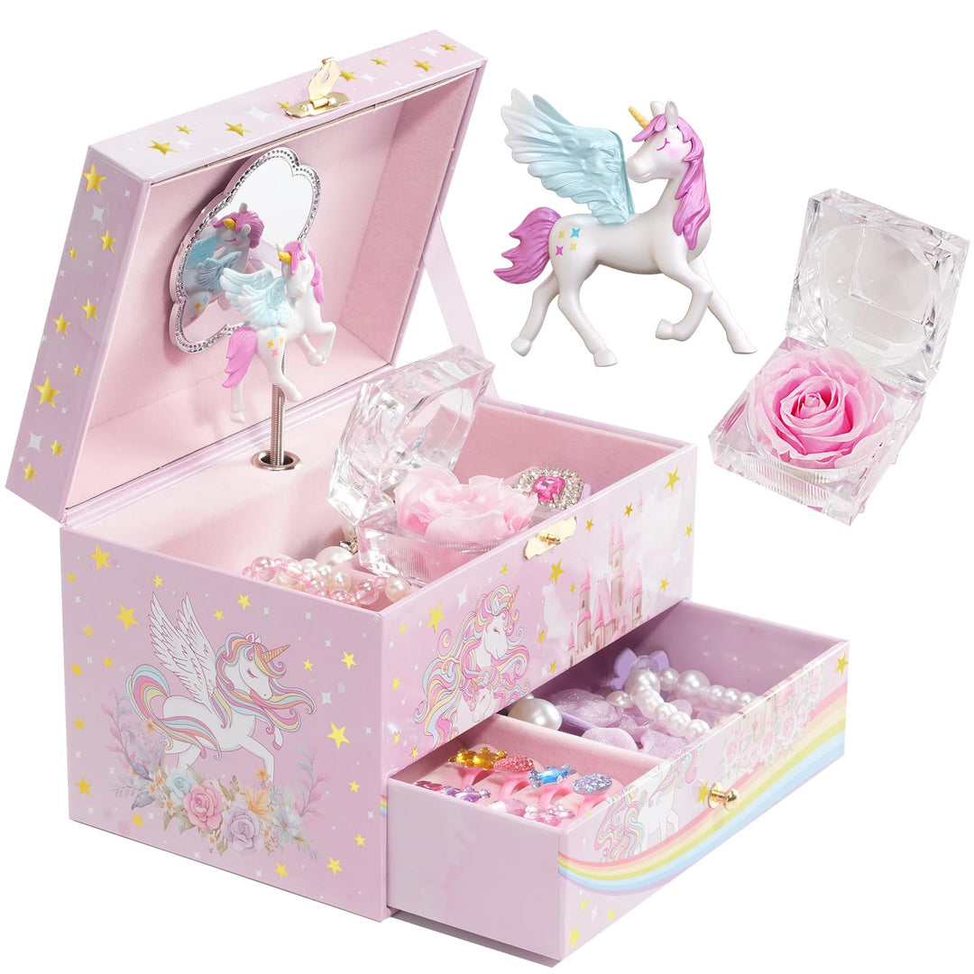 ProCase Kinder Musik Box Schmuckkästchen mit Spieluhr Einhorn & Konservierte Blumen, Schmuckschatull