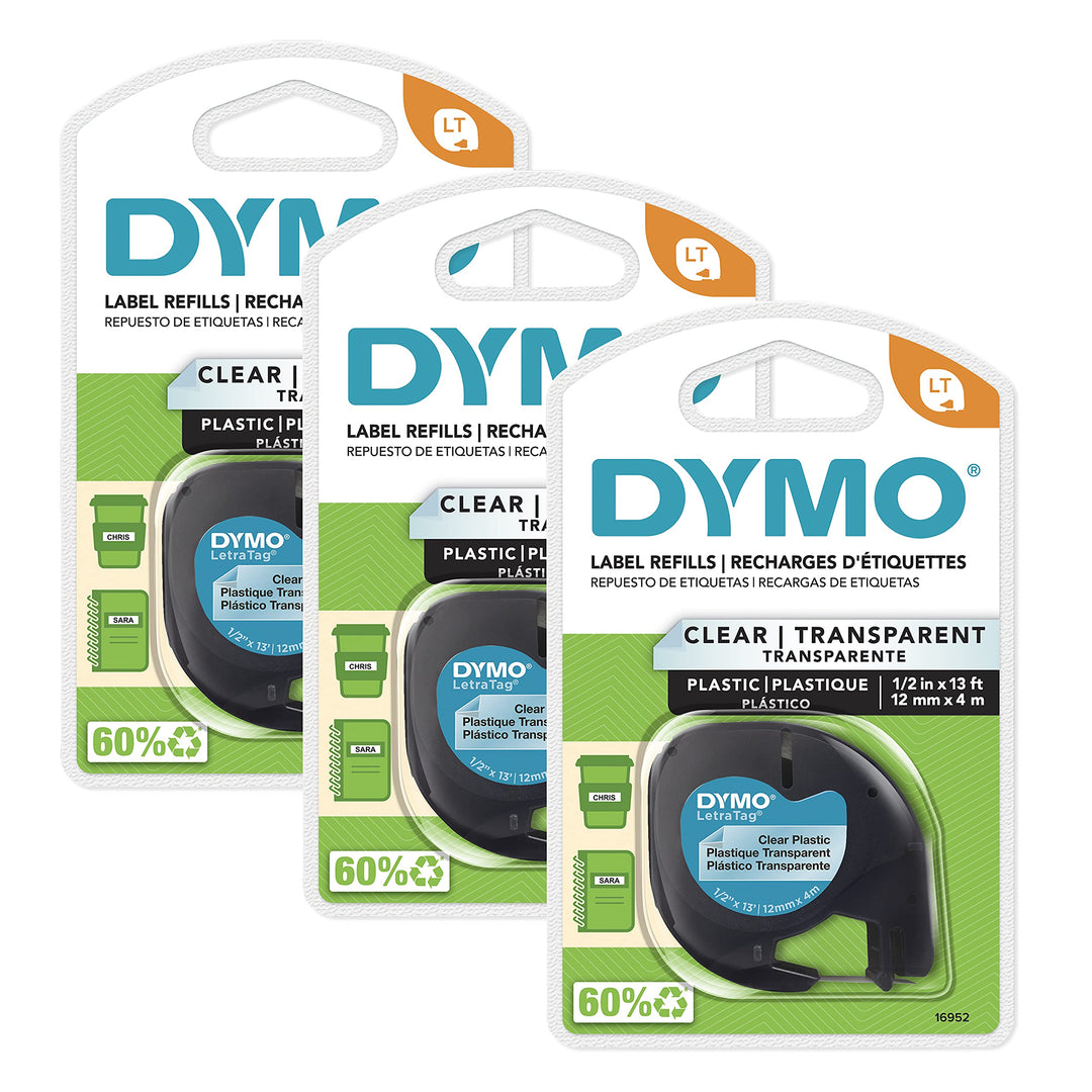 DYMO LT Beschriftungsband für LetraTag Etikettierer, schwarzer Druck auf transparenten Etiketten, 1/