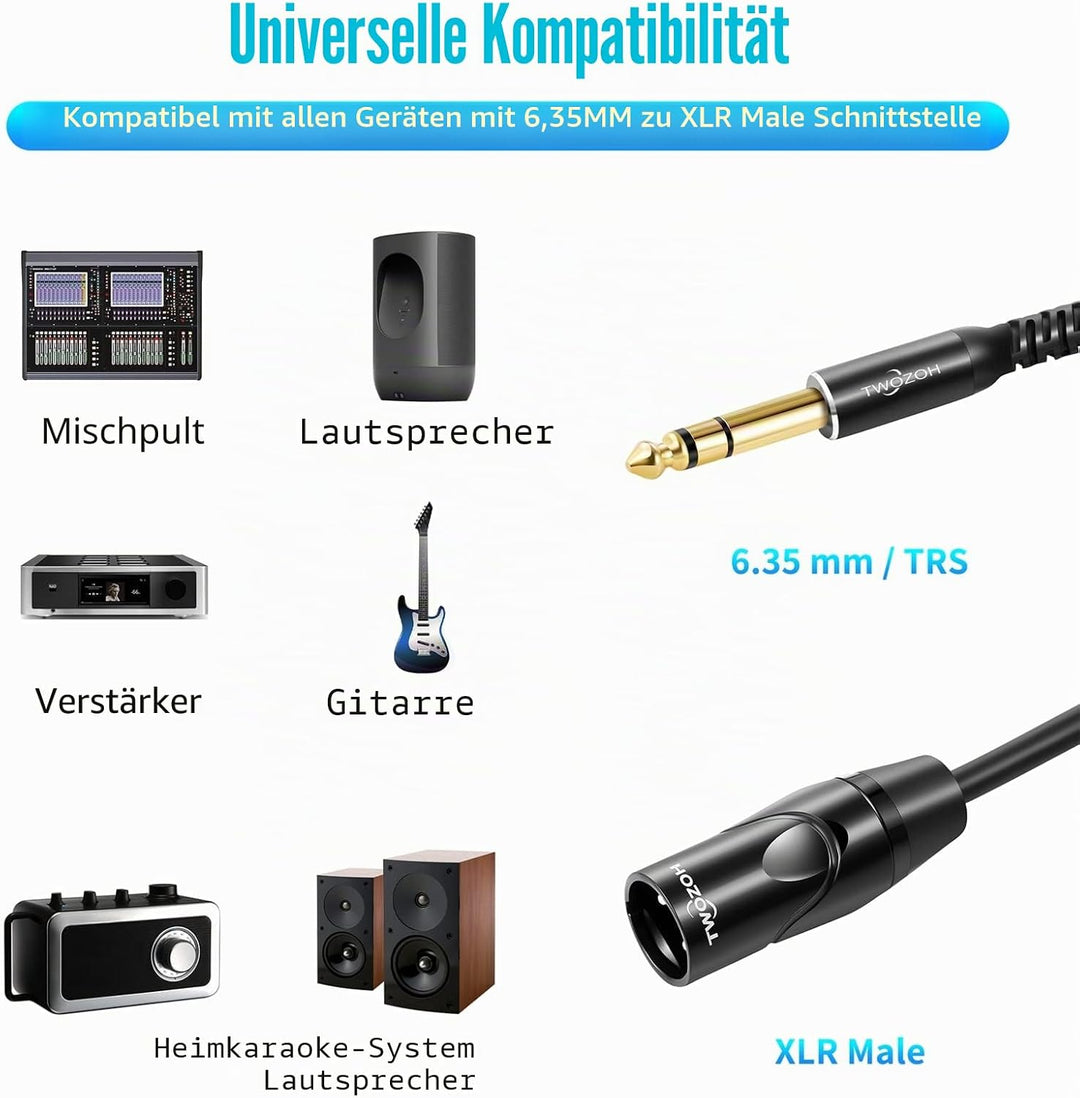 Twozoh XLR auf Klinke 6,3 10M, XLR Stecker auf TRS 6,35 mm Stereo Gitarrenkabel (Profesional/Hifi) 1