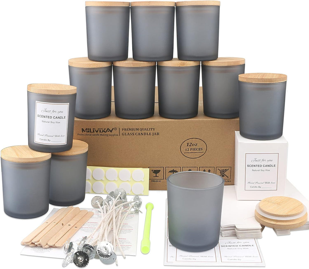 MILIVIXAY 12 Stück 340 ml Milchglas-Kerzengläser mit Deckel und Kerzenherstellungs-Kits – leere Kerz