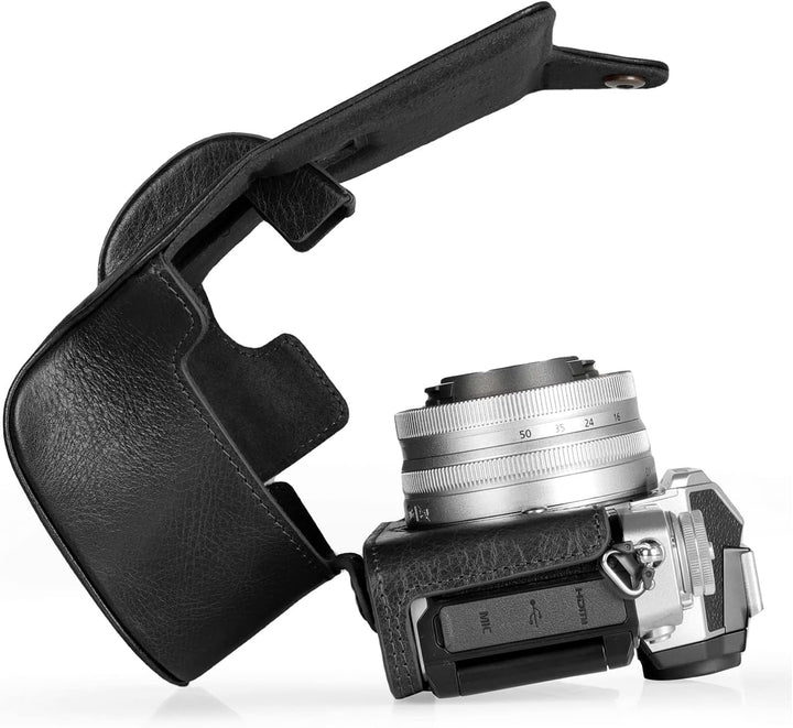 MegaGear Ever Ready Echtleder-Kameratasche kompatibel mit Nikon Z fc (16-50 mm) (Black), MG2010, Sch