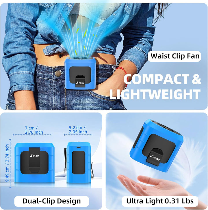Zeadio Tragbarer Hüftclip-Ventilator, 10000mAh freihändiger Ventilator mit LED-Taschenlampe & Powerb