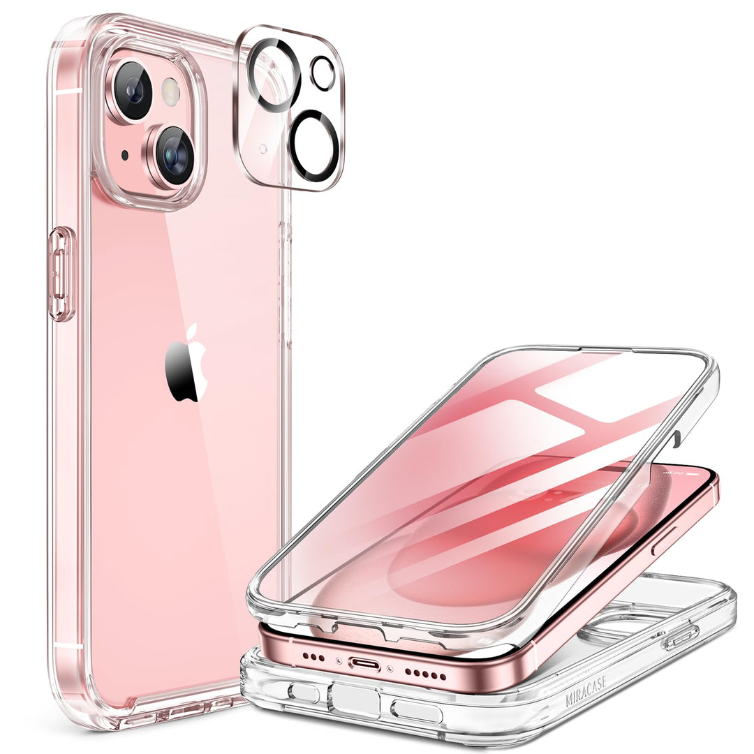 Miracase 360 Grad für iPhone 15 Hülle mit Eingebaut Glas Schutzfolie und Kameraschutz, Stossfest Kom