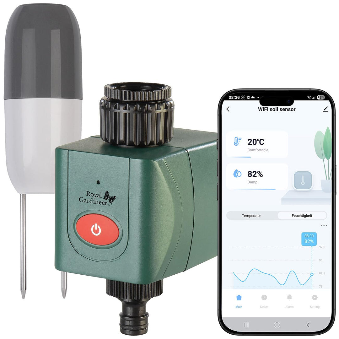Royal Gardineer Smart Home Bewässerung: WLAN-Bewässerungscomputer mit Bodenfeuchtigkeits-/Temperatur