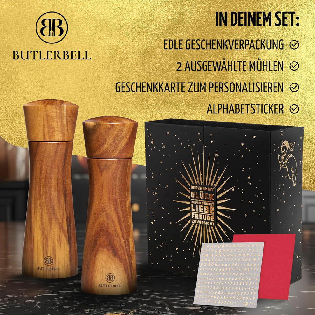 BUTLERBELL® Salz und Pfeffermühle Holz in Luxus Geschenkbox mit Herz ideal als Hochzeitsgeschenk | G