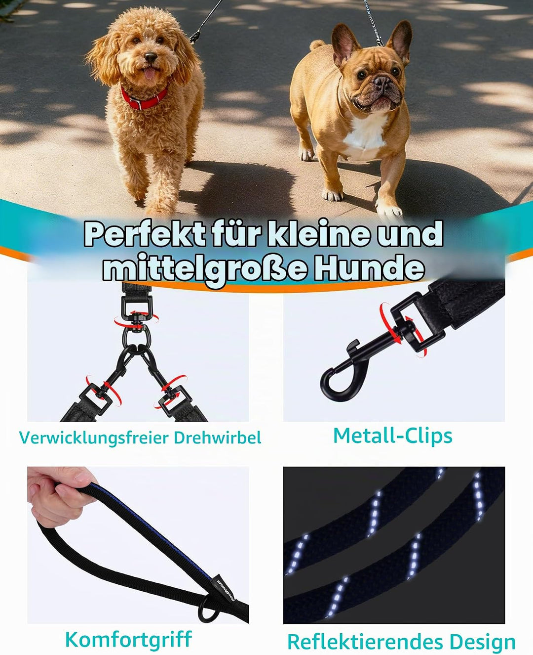 PetBonus Hundeleine Doppelleine für 2 Hunde, Keine Verwicklung Trainingsleine mit Zwei Gepolsterten