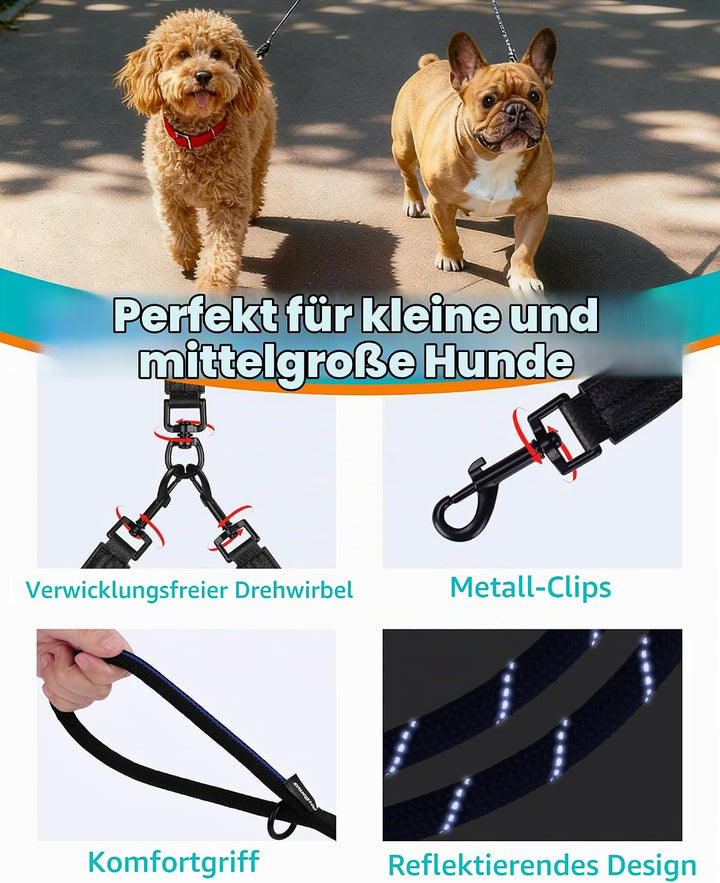 PetBonus Hundeleine Doppelleine für 2 Hunde, Keine Verwicklung Trainingsleine mit Zwei Gepolsterten