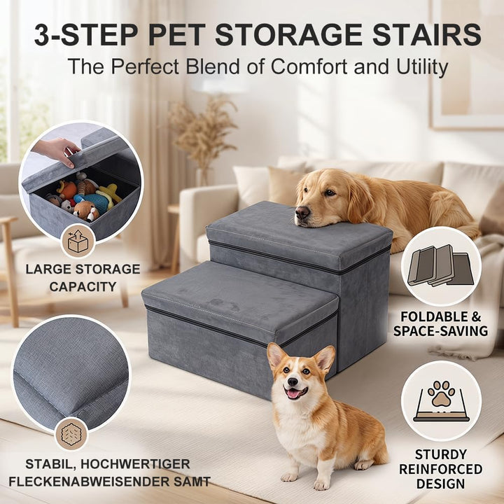 Haustiertreppe, Treppenstufen Matten mit Stauraum, Hundetreppe Klappbar, Maximale Tragfähigkeit 50 k
