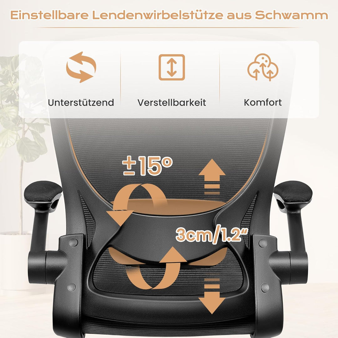 KERDOM Bürostuhl, Ergonomischer Schreibtischstuhl mit Klappbaren Armlehnen, 360° Drehstuhl Mesh Comp