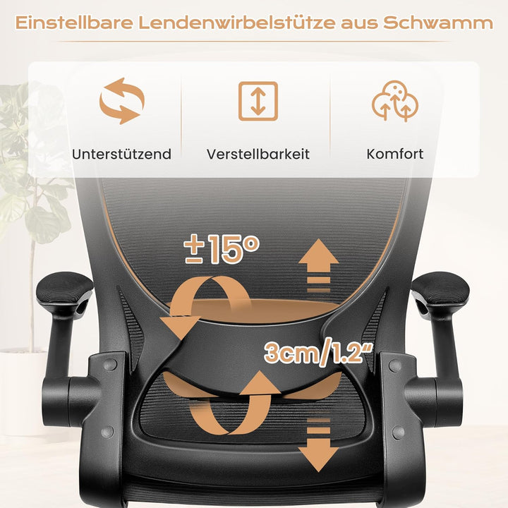 KERDOM Bürostuhl, Ergonomischer Schreibtischstuhl mit Klappbaren Armlehnen, 360° Drehstuhl Mesh Comp