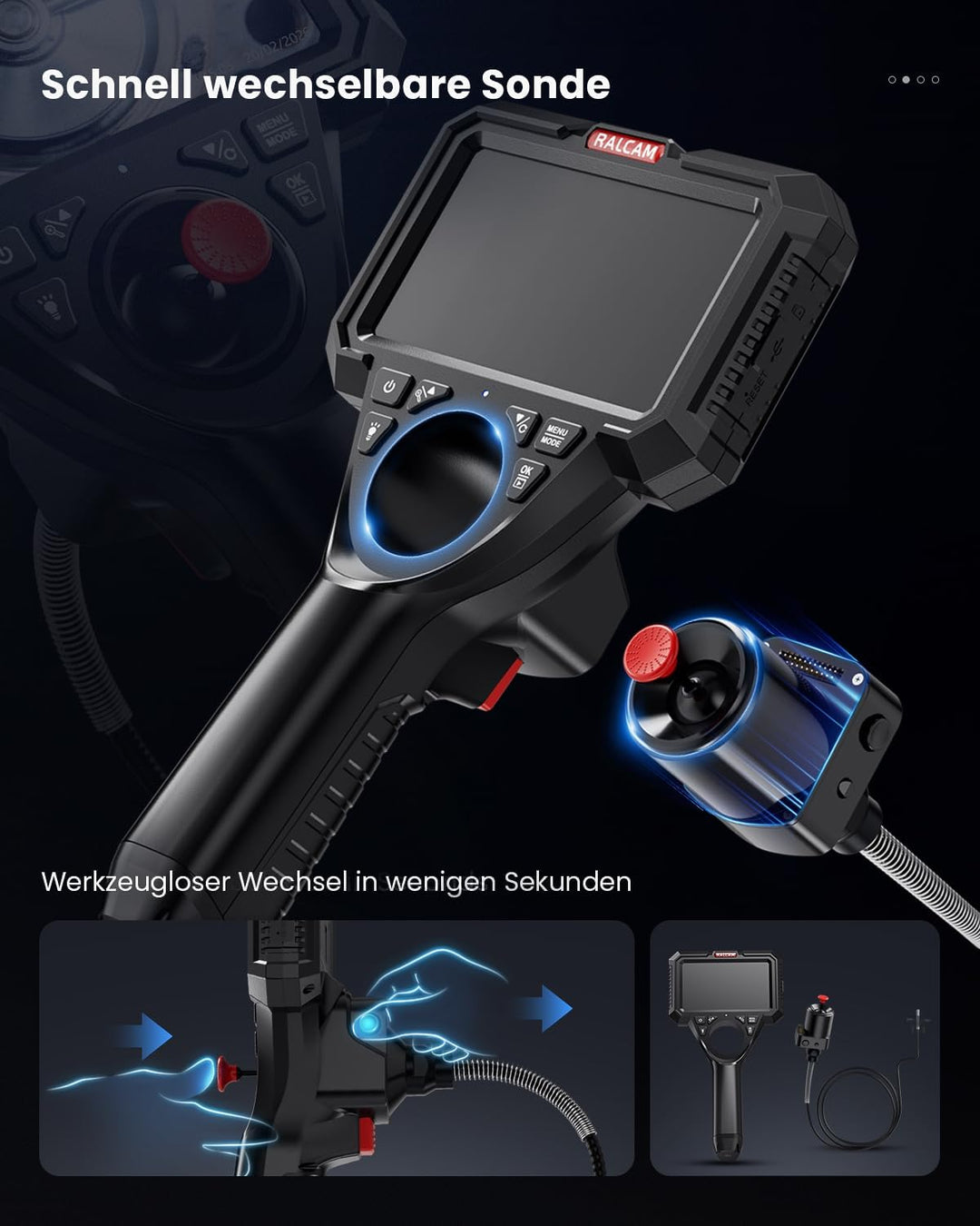 Ralcam Endoskopkamera mit Licht, Endoscope Camera mit 360° beweglichem Kopf, 6.2mm Sonde, 5" HD Bild