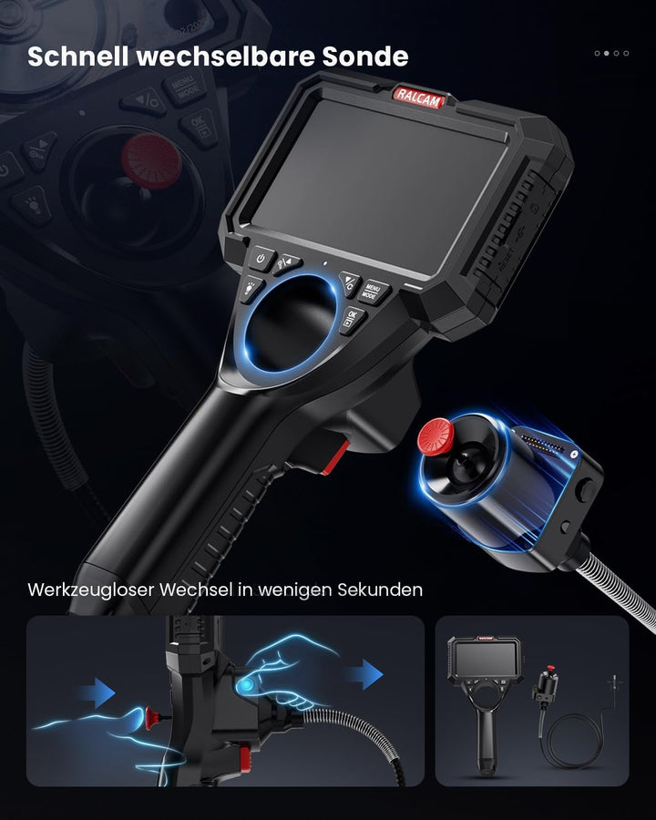 Ralcam Endoskopkamera mit Licht, Endoscope Camera mit 360° beweglichem Kopf, 6.2mm Sonde, 5" HD Bild