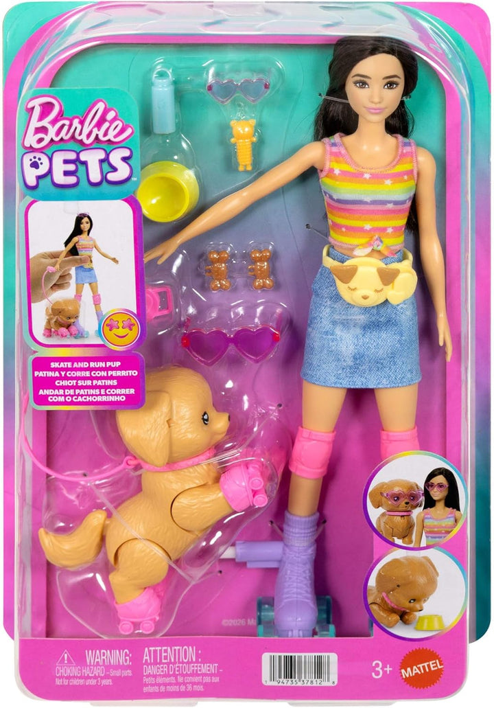 Barbie Brünette „Pets Skate and Run Puppe mit Rollschuh-Hündchen, Leine, passenden Rollschuhen, Sonn