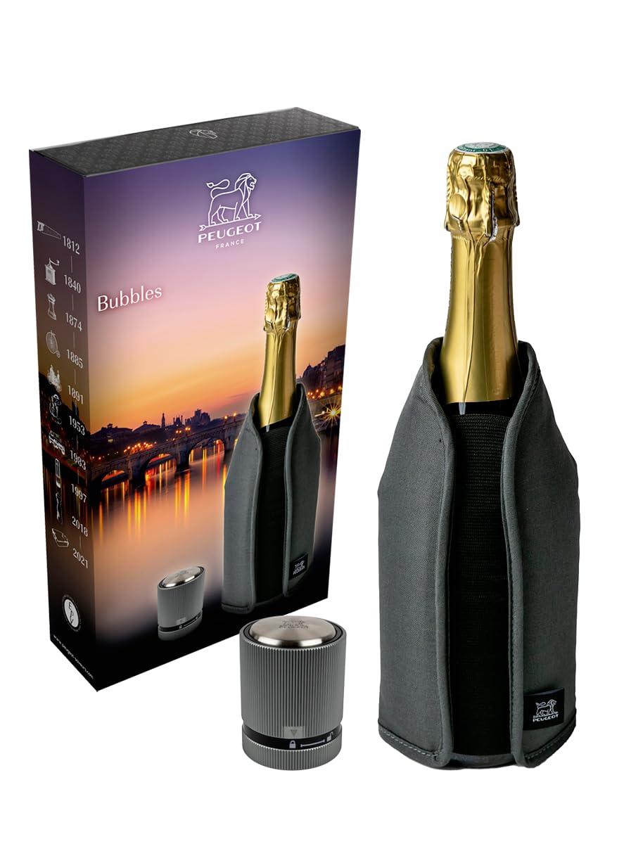 PEUGEOT - Geschenkset Bubbles - Kühlmanschette Frizz Grau + Champagnerverschluss Line Carbon - Perfe
