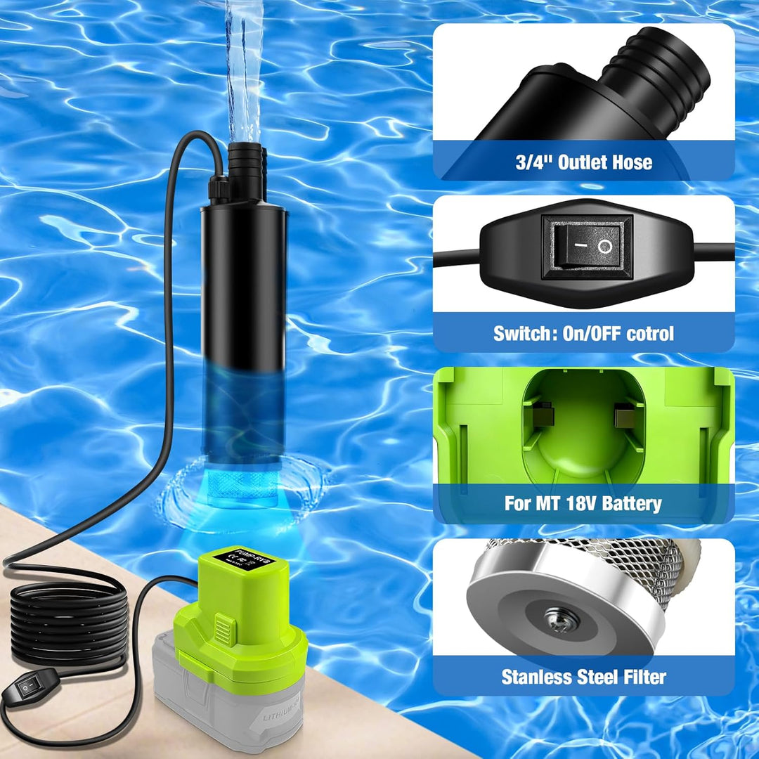 635GPH Tauchpumpe für Ryobi 18V Akku, kabellose Wasserpumpe mit Sedimentfilter, 100W Transferpumpe S