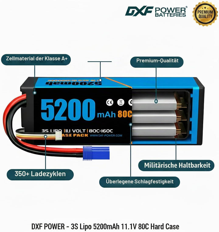 DXF 3S LiPo Akku 11.1V 80C 5200mAh Hardcase Batterie mit EC5 Steck für RC Auto, RC Flugzeug, RC Hubs