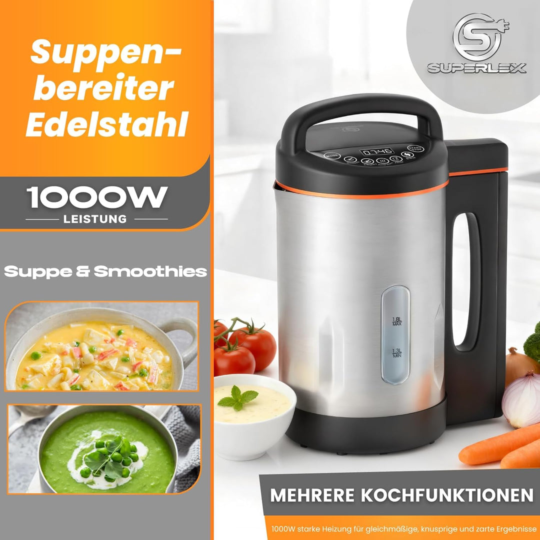 Suppenbereiter 1,6L Edelstahl 1000W Elektrischer Suppenkocher mit 4 Programmen Timer Warmhaltefunkti