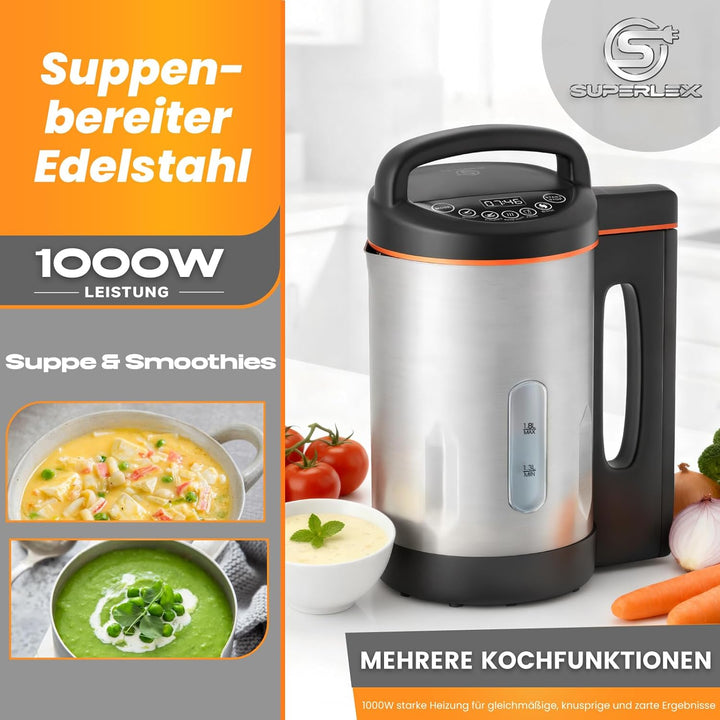 Suppenbereiter 1,6L Edelstahl 1000W Elektrischer Suppenkocher mit 4 Programmen Timer Warmhaltefunkti