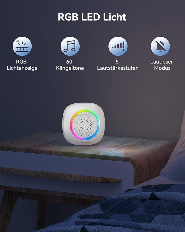 TECKNET Funkklingel, Kabellose Türklingel Batteriebetrieben mit RGB Licht, 60 Melodien, IP66 Wasserd