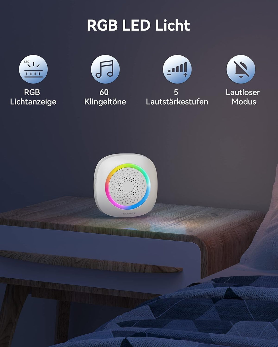 TECKNET Funkklingel mit 3 Empfängern, Kabellose Türklingel RGB, Weiss | IP66 Wasserdicht Aussen Batt