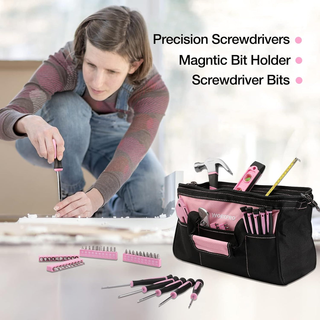 WORKPRO Pink Werkzeug Set Rosa Werkzeugkoffer 106-teilig Haushalts-Werkzeugsatz Reparatur inkl. Tasc