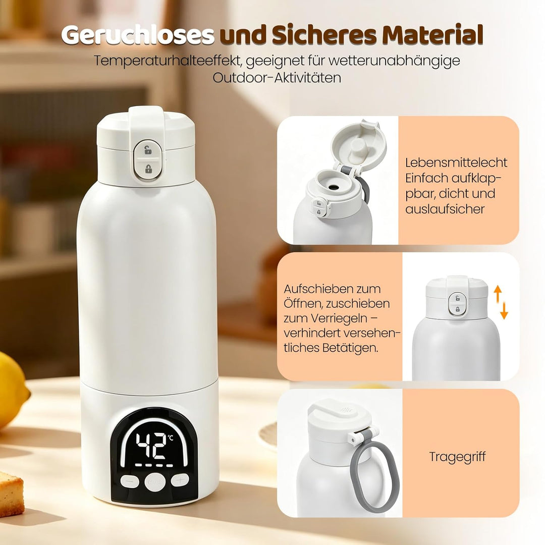 500ml Tragbarer Flaschenwärmer Baby, Mobiler Flaschenwärmer Baby mit Ladekabel & 12000mAh-Akku,Desin