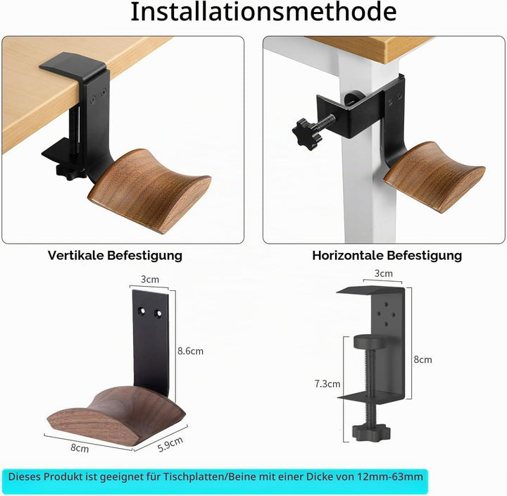 Kopfhörerhalter mit 6cm breiter Nussholz Kopfstütze, Kopfhörer Ständer Verstellbarer Klemme-auf Head