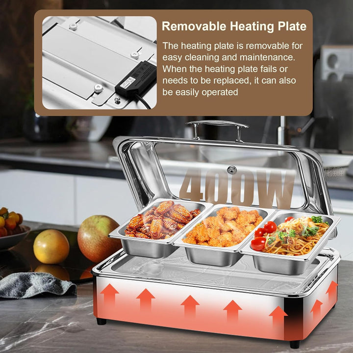 Chafing Dish Elektrisch 9L, Wärmebehälter Elektrisch für Speisen, Buffetwärmer Elektrisch mit Deckel