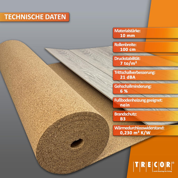5 m² | Trittschalldämmung TRECOR Rollenkork - Stärke 10 mm - Akustik Tritt- und Gehschalldämmung für