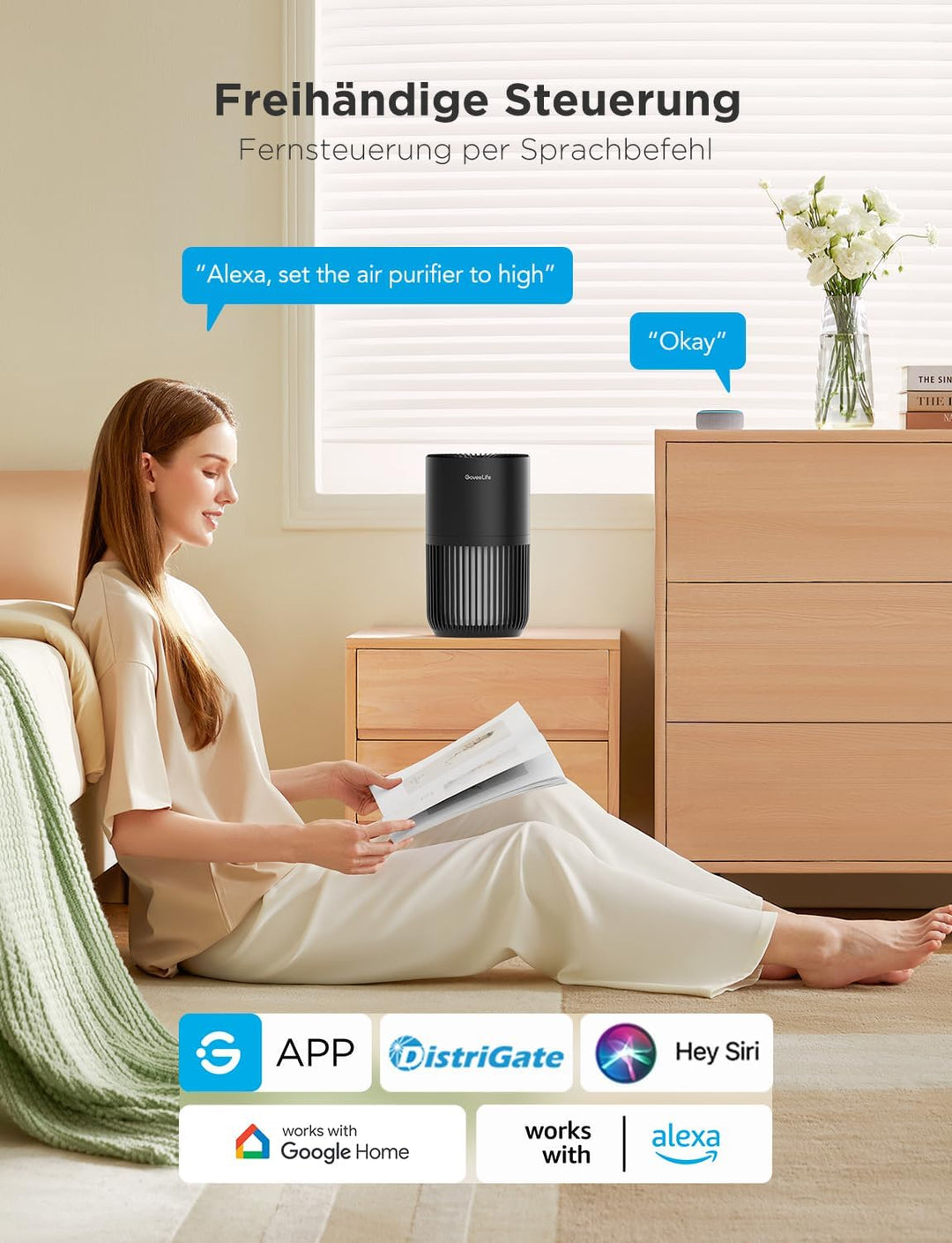 GoveeLife Mini-Luftreiniger fürs Schlafzimmer, intellig. HEPA-Filter mit Alexa-App-Steuerung gegen T