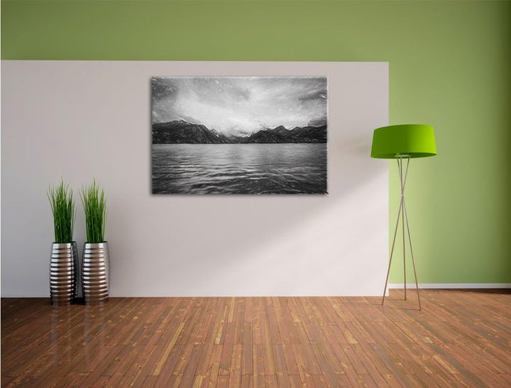 Pixxprint eine schöne Landschaft im Norden Kunst Kohle Effekt, Format: 100x70 auf Leinwand, XXL ries