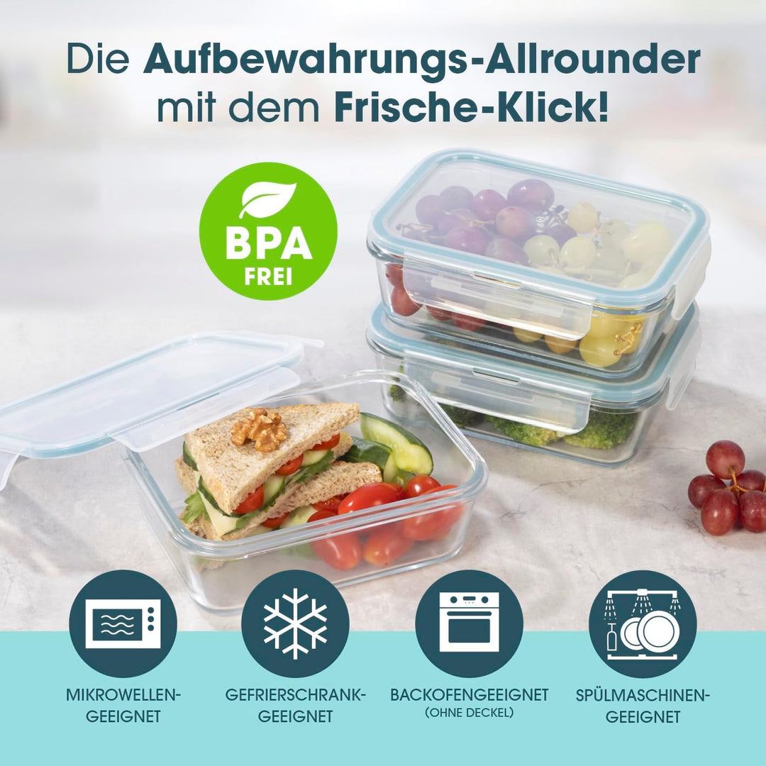 GOURMETmaxx Glas-Frischhaltedosen Klick-It 3 Dosen 900 ml | Als Brotdose oder für Meal Prep | Spülma
