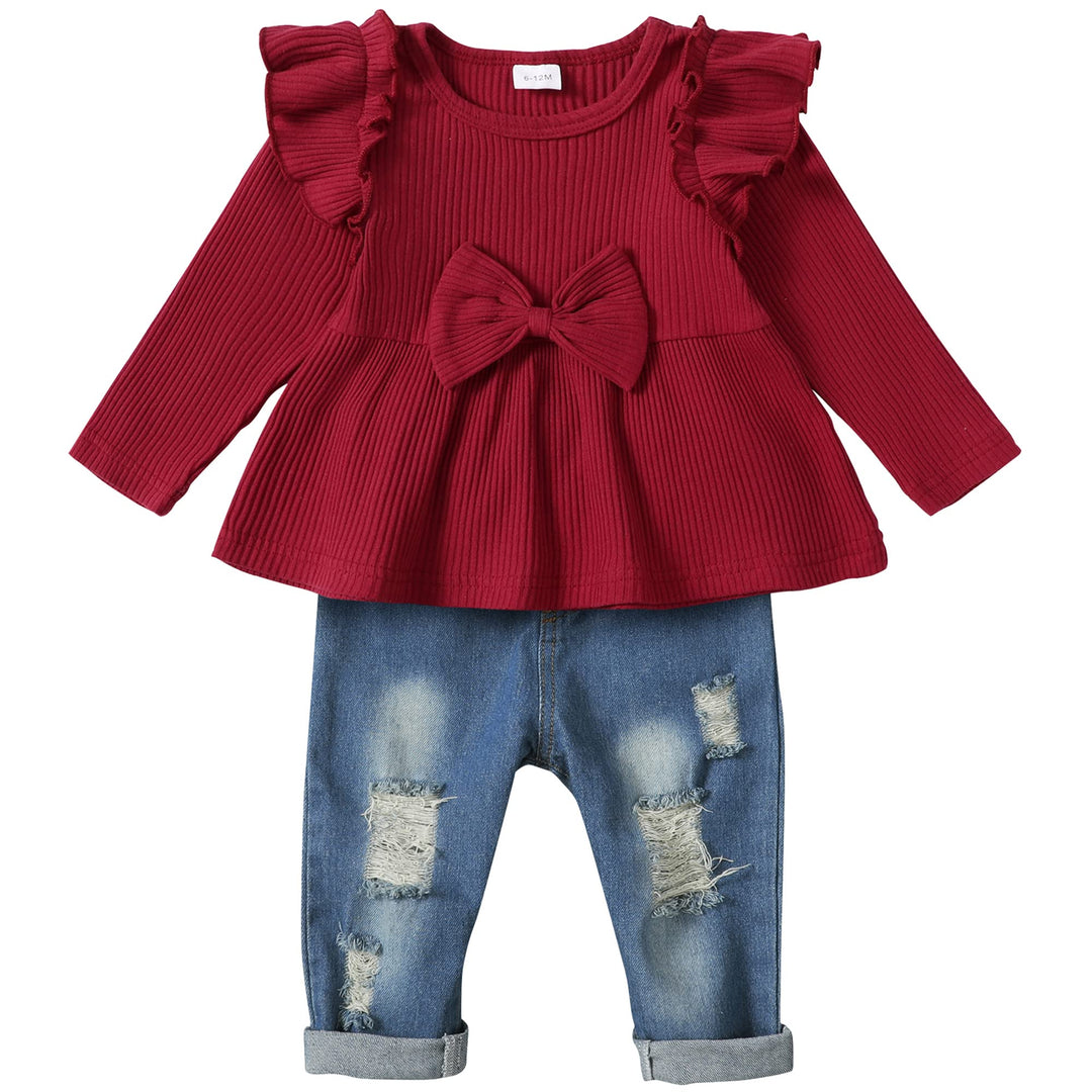 Baby-Mädchen Bekleidungssets Rüschen Langarm Top + Jeans Hosen 2tlg Kleinkinder Mädchen Geburtstag O