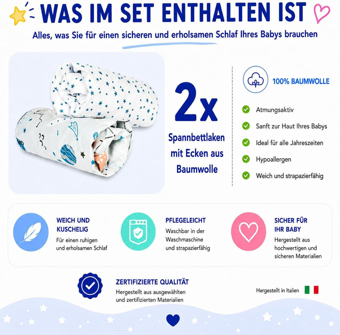 FlyIdeas Spannbettlaken für Beistellbett 90x55 cm, 2 STK - 2 Spannbettlaken für alle Babybettchen Ma